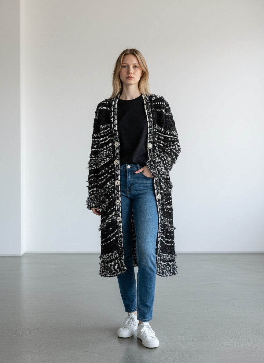 BERLIN VINTAGE CORNER black and white open-weave knit longline cardigan with fringe details and button closures.