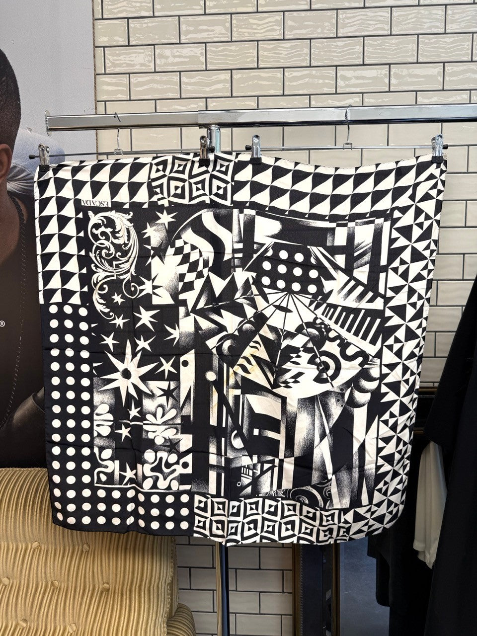 BERLIN VINTAGE CORNER black and white silk scarf featuring geometric patterns, polka dots, and abstract shapes.