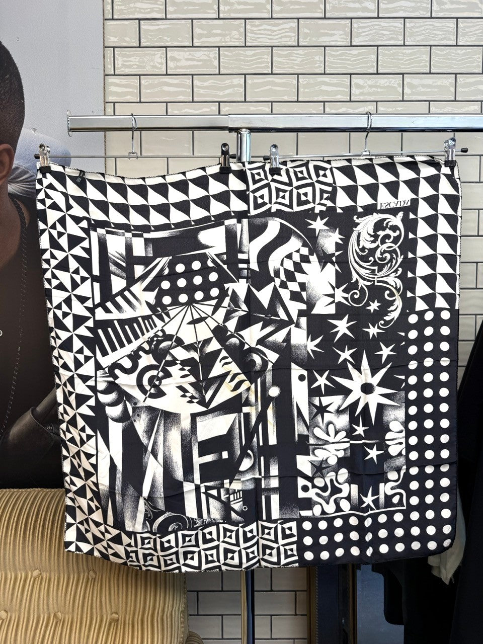 BERLIN VINTAGE CORNER black and white silk scarf featuring a geometric mix of polka dots, stars, and abstract shapes