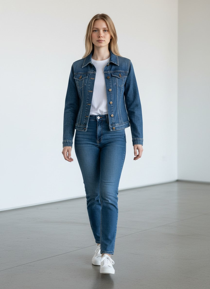BERLIN VINTAGE CORNER classic blue denim jacket with button-up front, collar, and chest pockets with subtle embellishments.