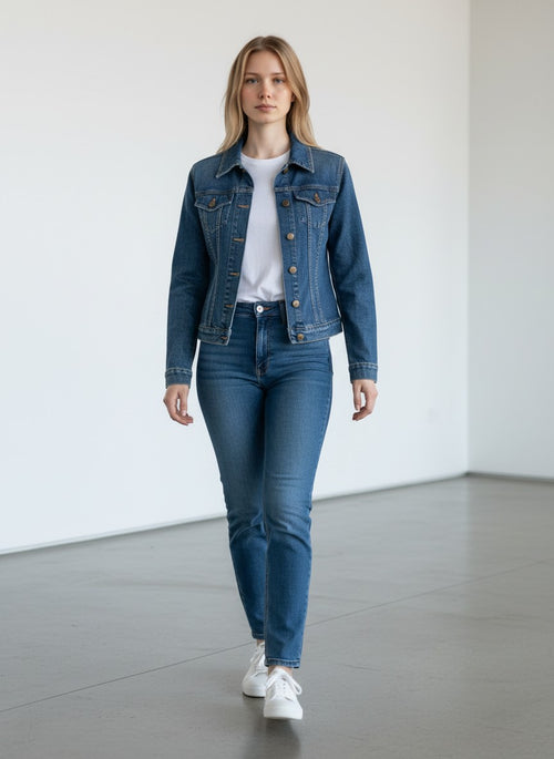 BERLIN VINTAGE CORNER classic blue denim jacket with button-up front, collar, and chest pockets with subtle embellishments.