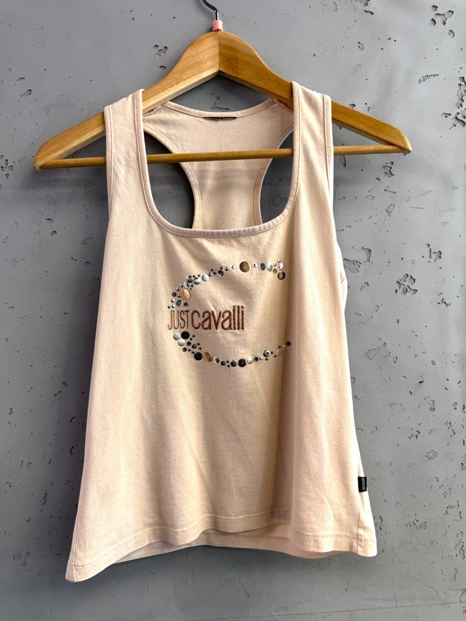 BERLIN VINTAGE CORNER blush pink cotton blend racerback tank top with embellished Just Cavalli logo.