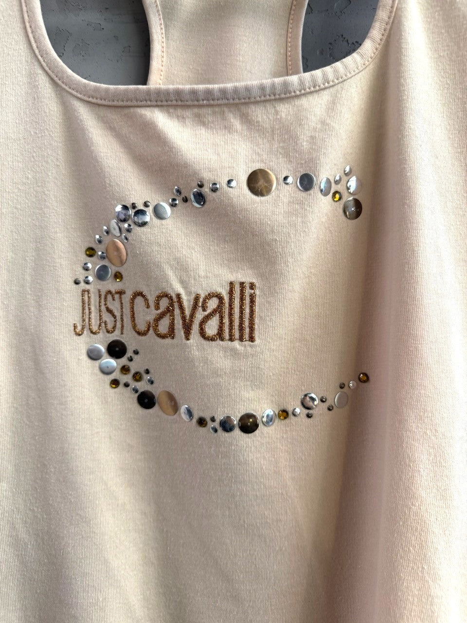 BERLIN VINTAGE CORNER blush pink cotton blend racerback tank top with embellished Just Cavalli logo.