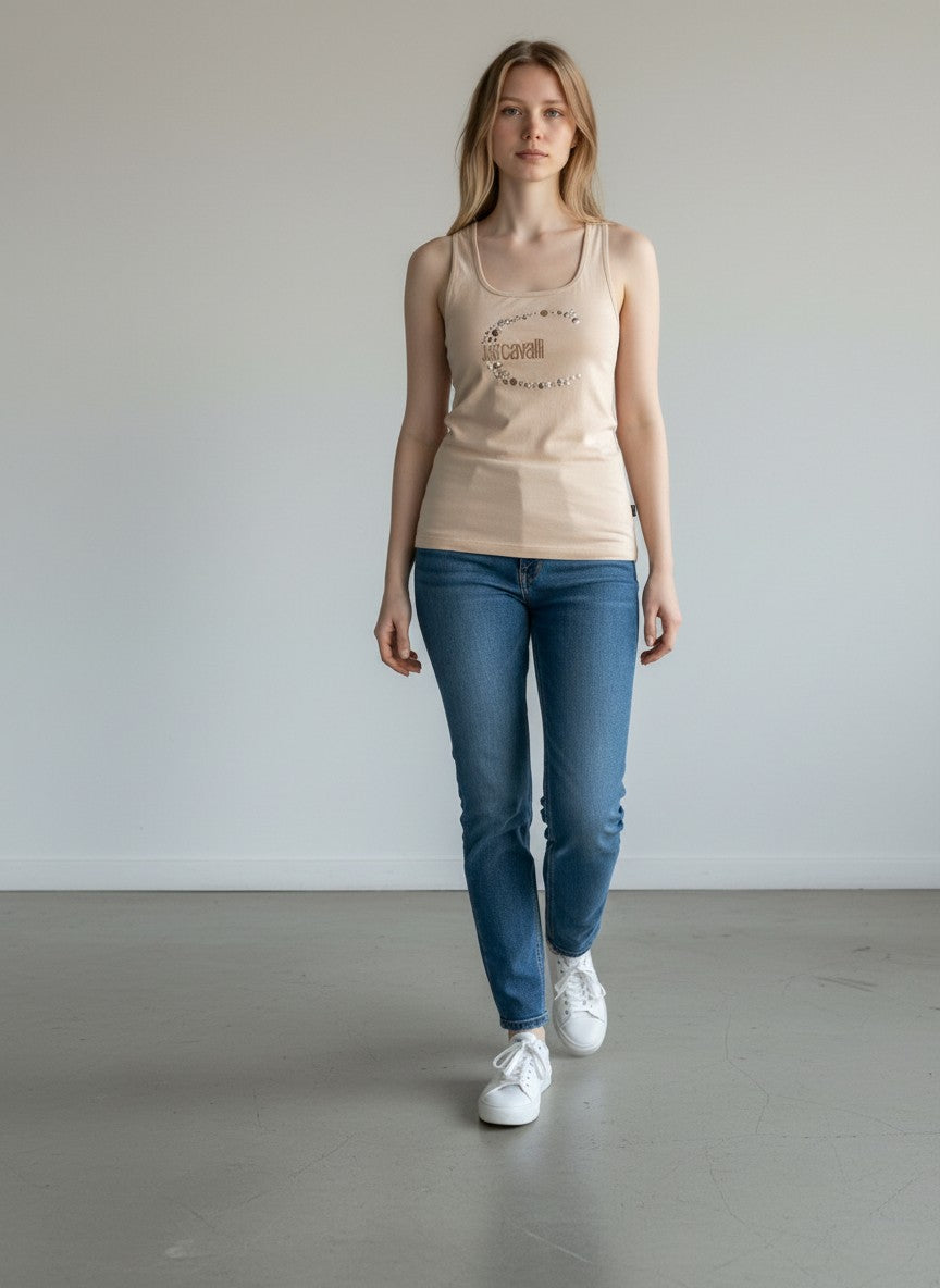 BERLIN VINTAGE CORNER blush pink racerback tank top with embellished Just Cavalli logo.