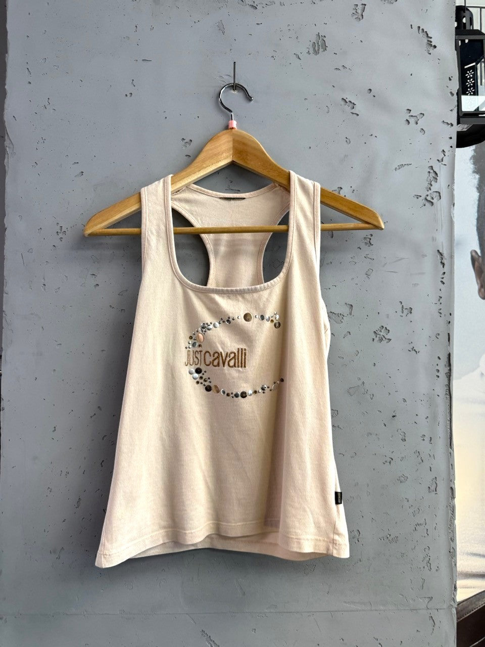 BERLIN VINTAGE CORNER blush pink racerback tank top with embellished Just Cavalli logo.
