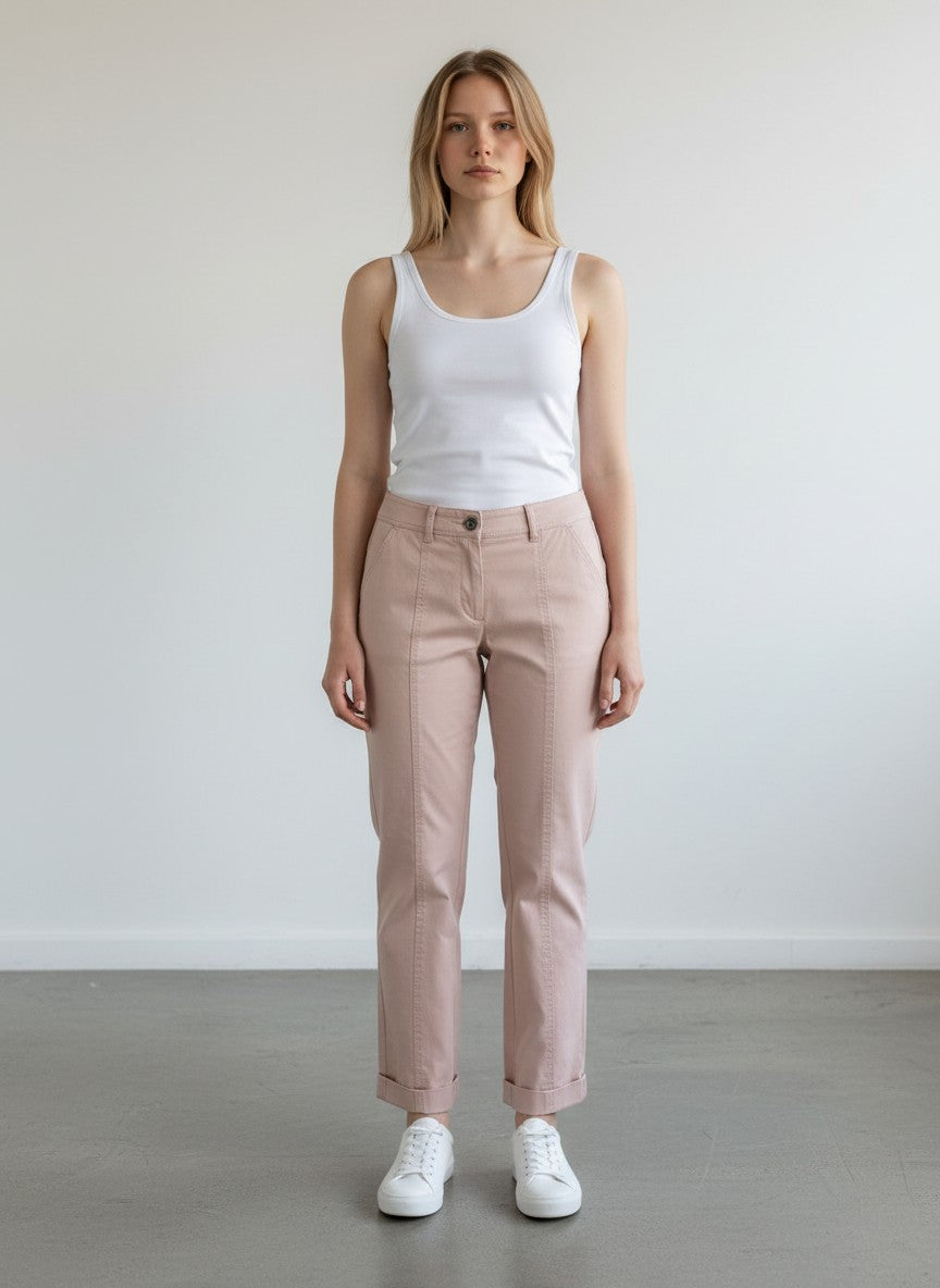 BERLIN VINTAGE CORNER blush pink cotton blend cropped trousers with straight leg and seam detailing.