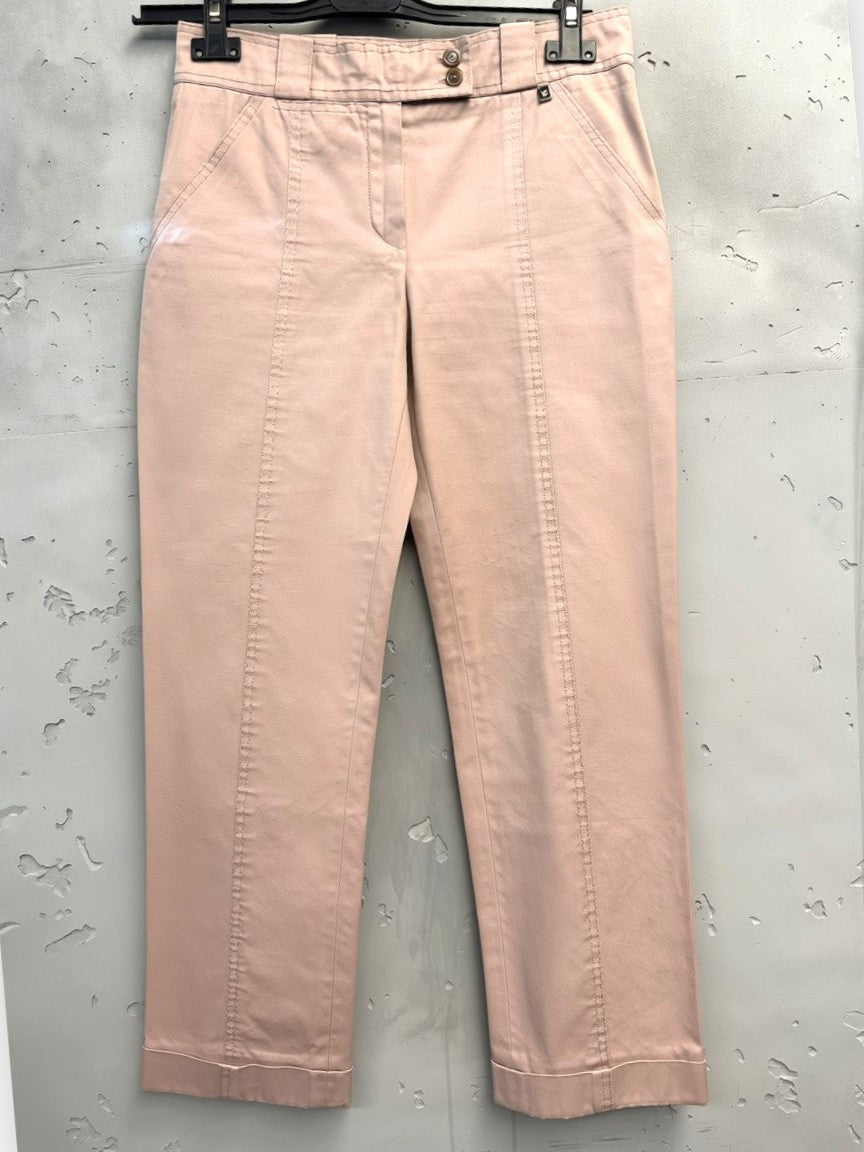 BERLIN VINTAGE CORNER blush pink cotton blend cropped trousers with straight-leg cut and seam detailing.