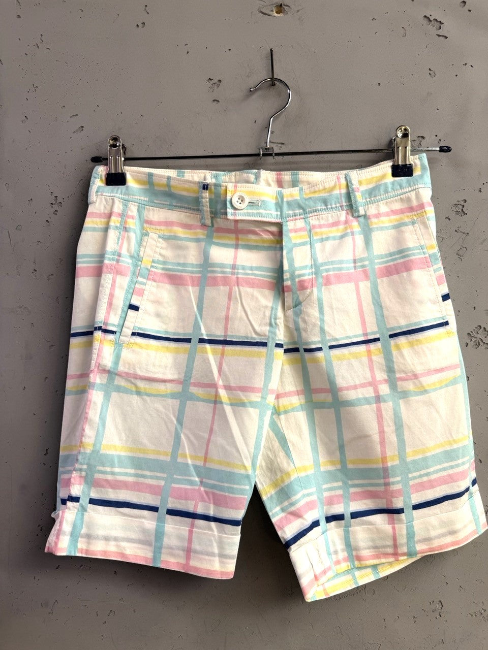 BERLIN VINTAGE CORNER Bogner plaid cotton shorts in pastel pink, yellow, and light blue with navy stripe accents.