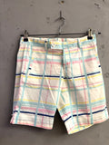 BERLIN VINTAGE CORNER Bogner plaid cotton shorts in pastel pink, yellow, and light blue with navy stripe accents.
