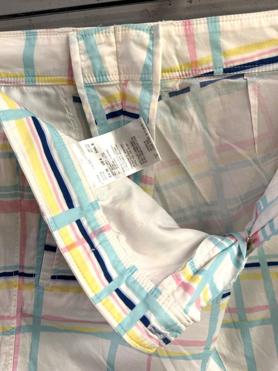 BERLIN VINTAGE CORNER Bogner plaid cotton shorts in pastel pink, yellow, and blue check with navy stripe accents.