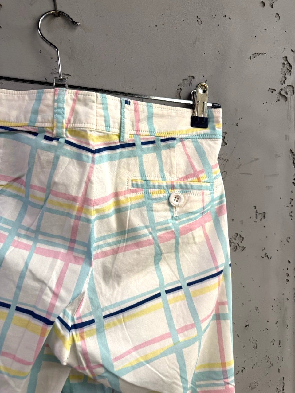 BERLIN VINTAGE CORNER Bogner men's cotton shorts featuring a pastel plaid pattern in pink, yellow, and blue.