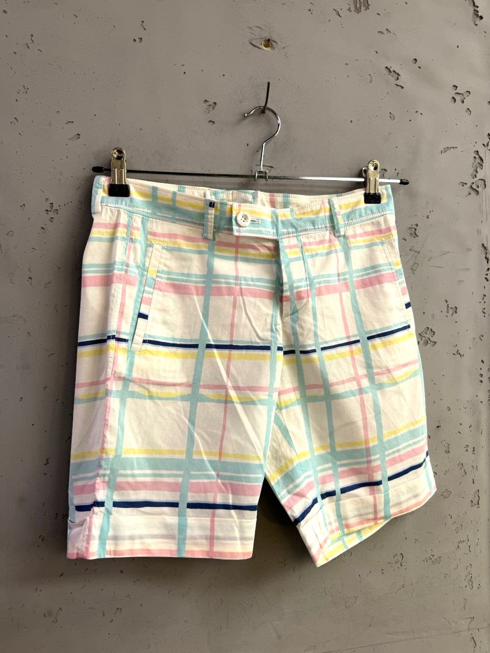 BERLIN VINTAGE CORNER Bogner men's pastel plaid cotton shorts with pink, yellow, and navy check pattern.