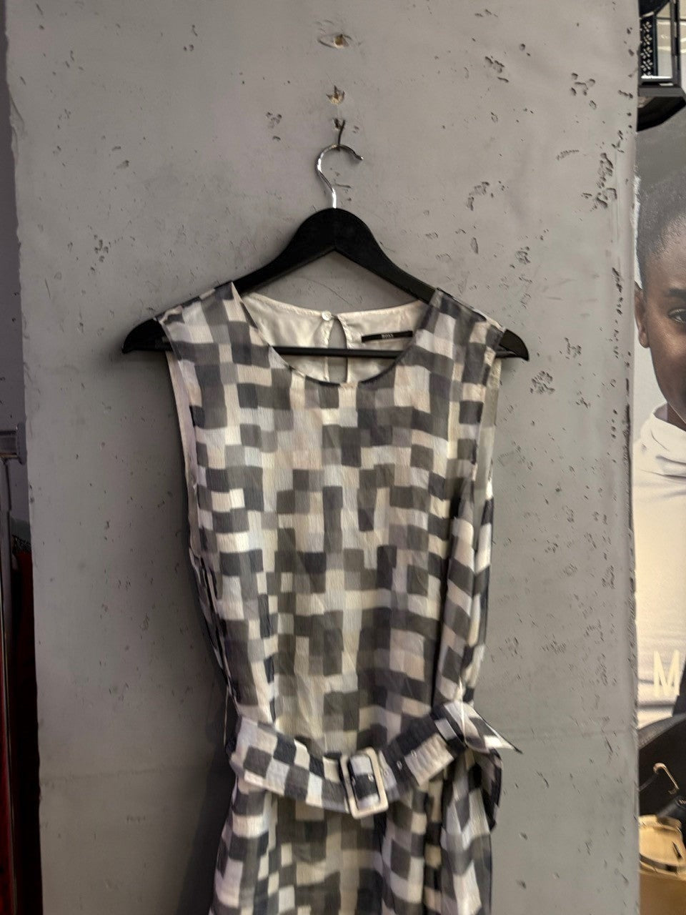 BERLIN VINTAGE CORNER BOSS sleeveless midi dress in a monochrome abstract geometric checkerboard print with a belt.