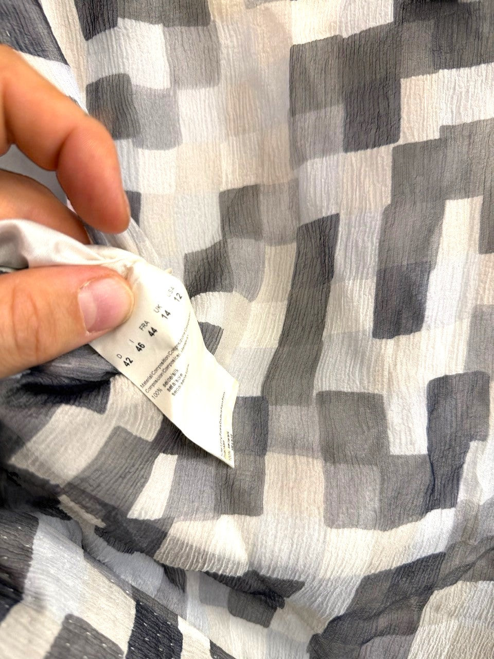 BERLIN VINTAGE CORNER BOSS silk midi dress label showing 100% silk composition and monochrome checkerboard print