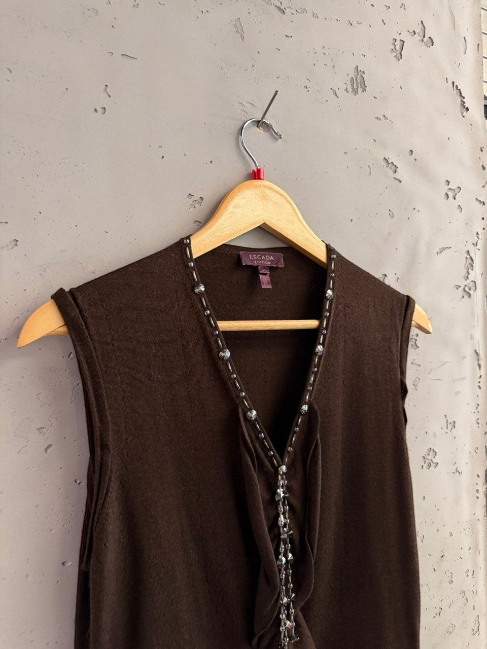BERLIN VINTAGE CORNER brown sleeveless knit vest with beaded V-neckline and cascading embellishment