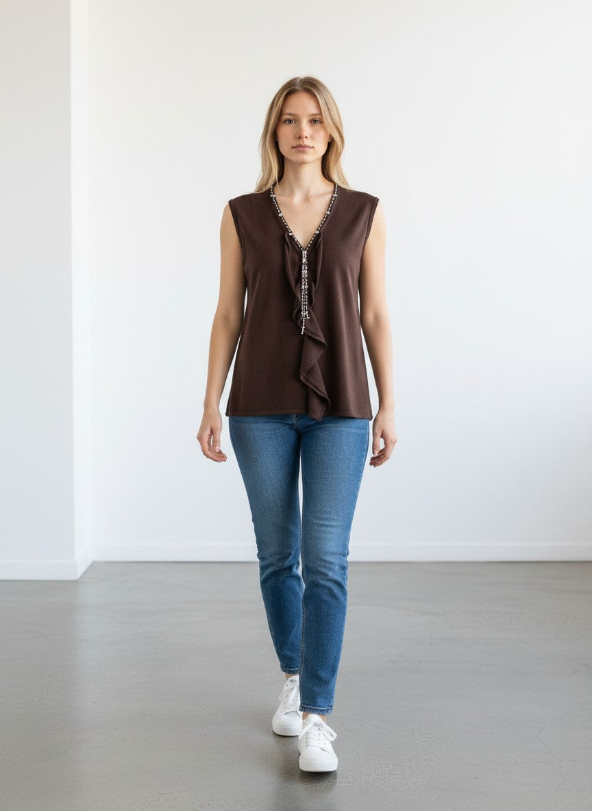 BERLIN VINTAGE CORNER brown sleeveless knit vest with V-neckline embellished with beads and crystals.