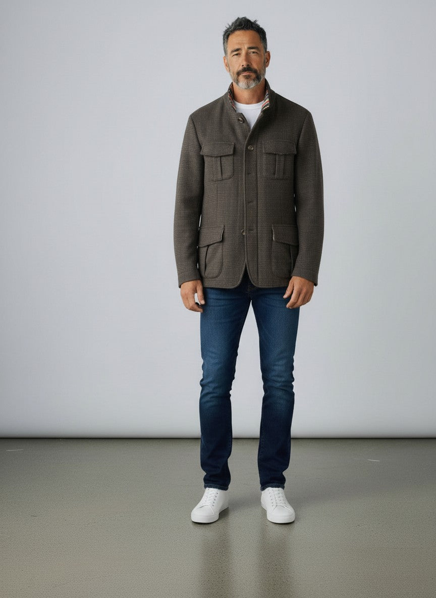 BERLIN VINTAGE CORNER brown plaid wool blend field jacket with striped lining and four flap pockets.