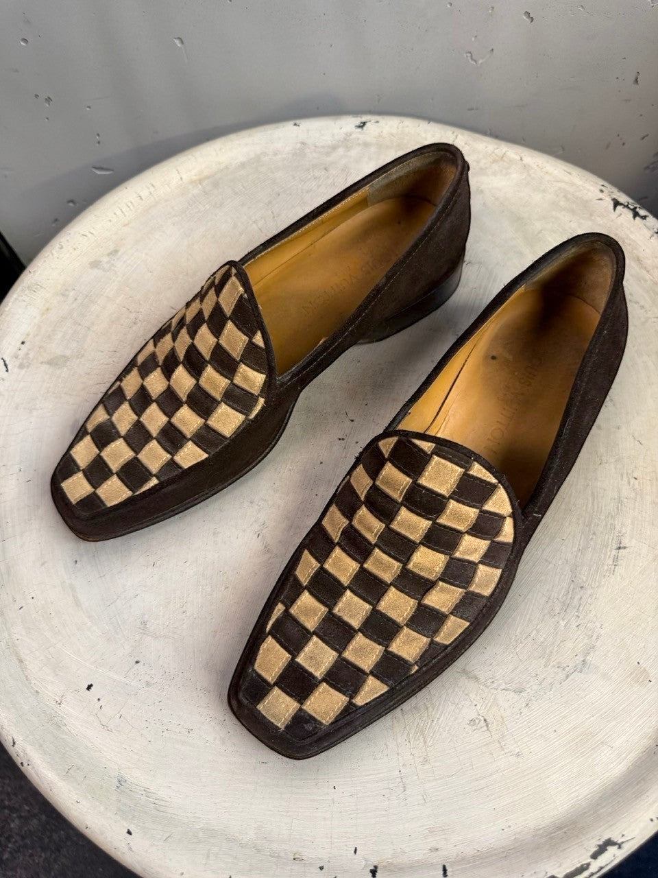 BERLIN VINTAGE CORNER brown suede woven loafers with square toe. Slip-on style.