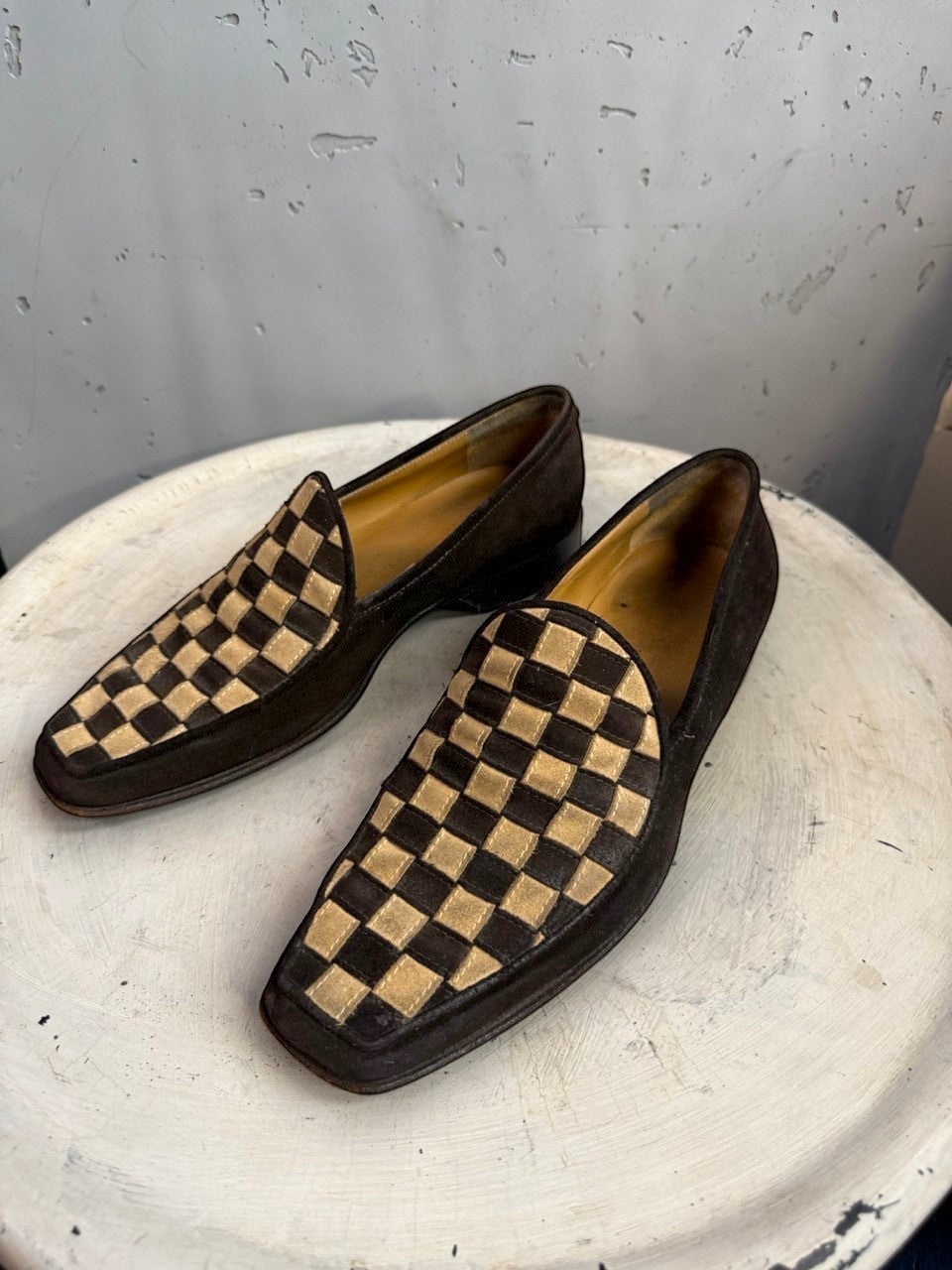 BERLIN VINTAGE CORNER brown and tan checkered suede loafers with square toe and slip-on design.