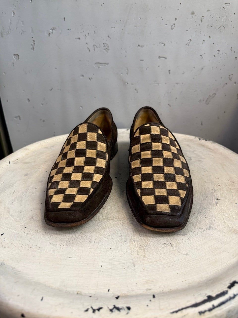 BERLIN VINTAGE CORNER brown and tan checkered suede loafers with square toe