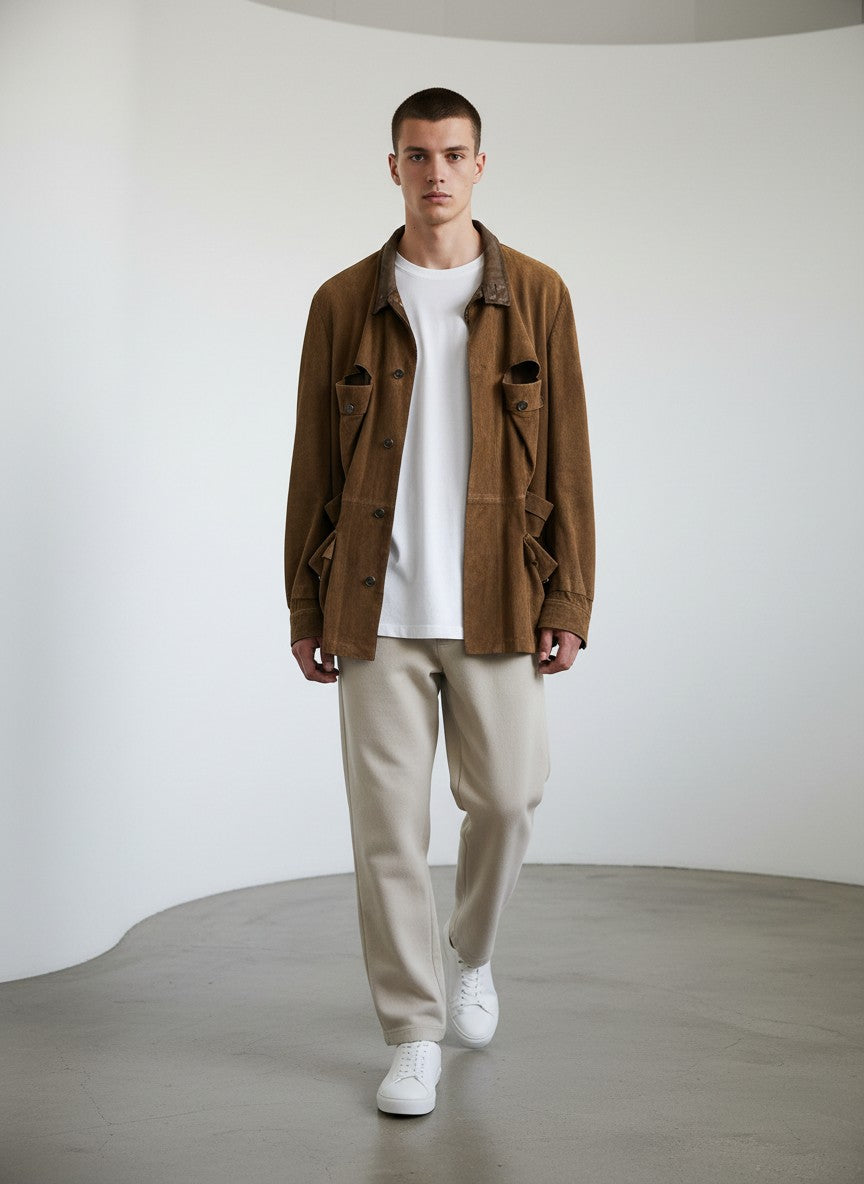 BERLIN VINTAGE CORNER brown suede utility jacket with multiple pockets and relaxed fit.