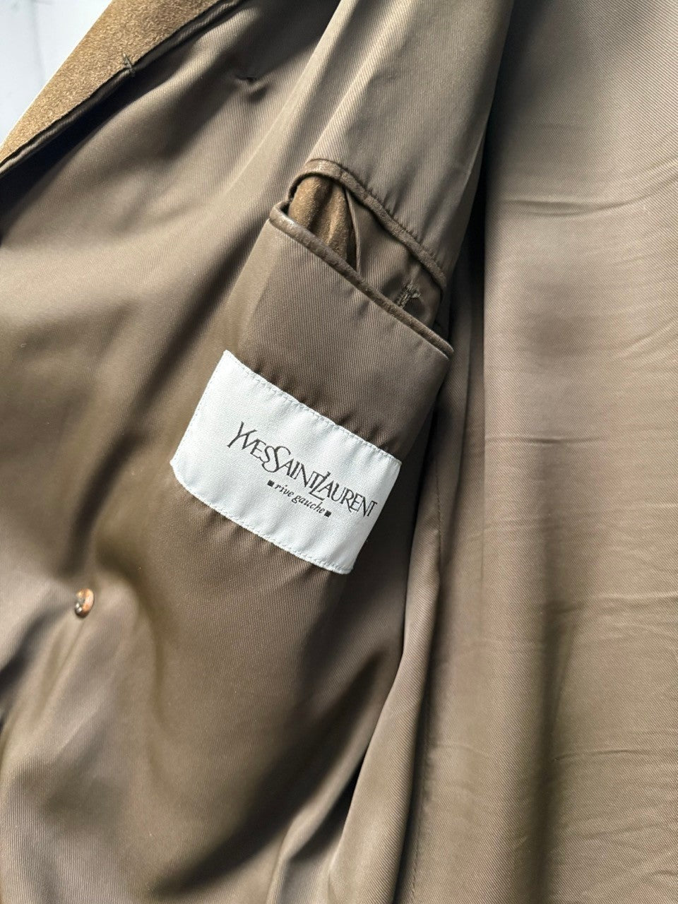 BERLIN VINTAGE CORNER brown suede utility jacket with multiple pockets and YSL label.