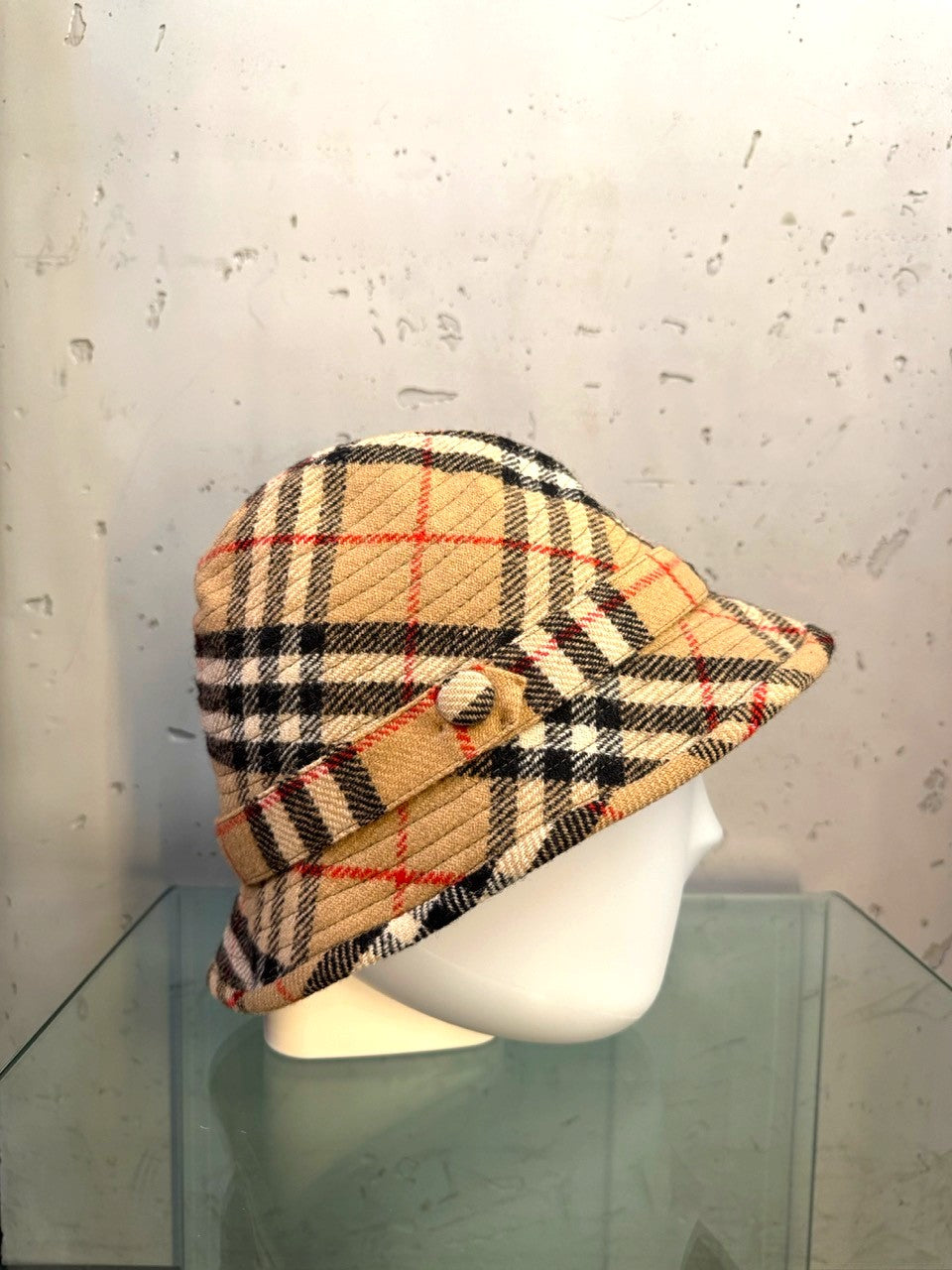 Burberrys Vintage Nova Check Wool Bucket Hat, on mannequin head side