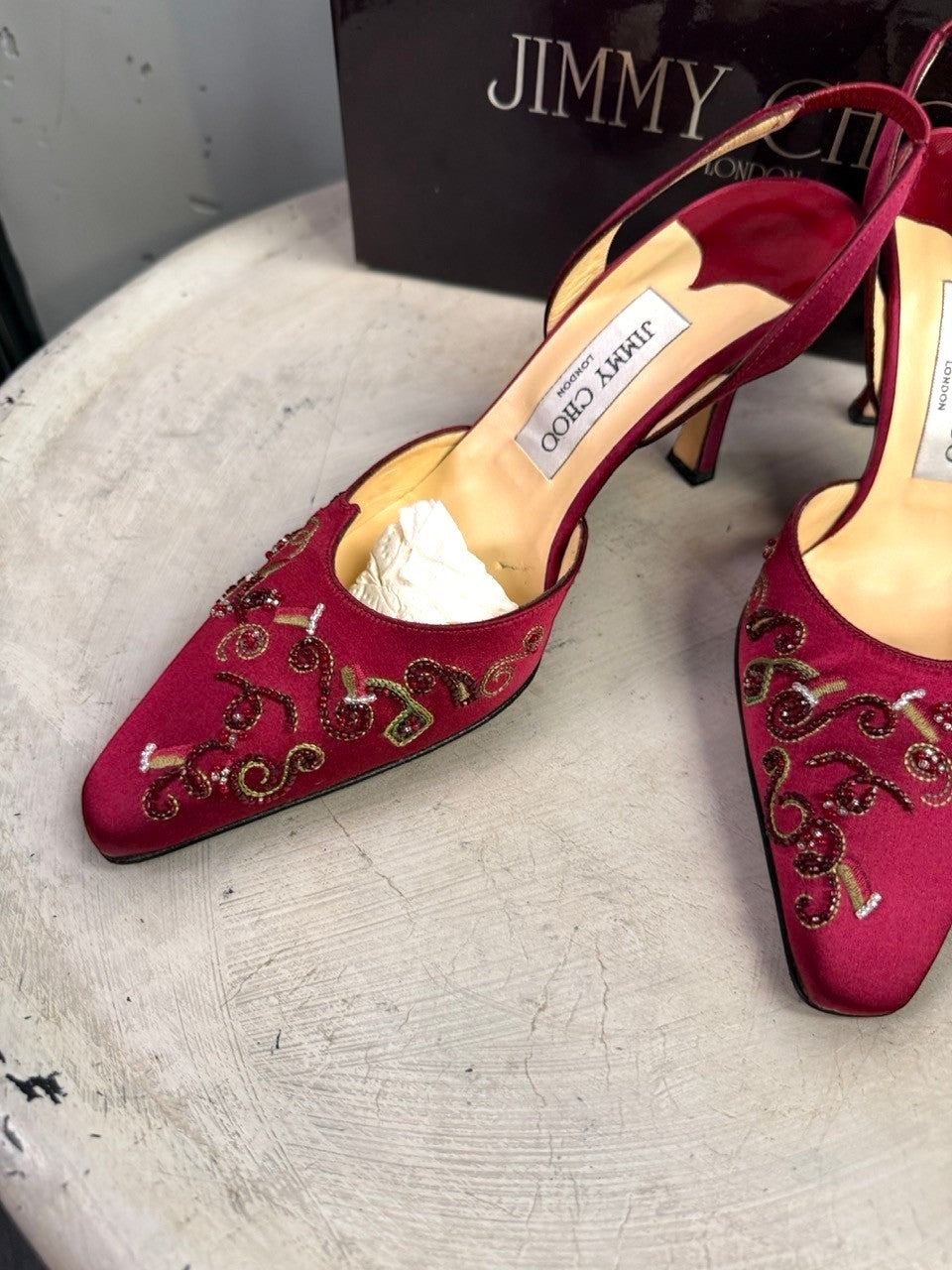 BERLIN VINTAGE CORNER burgundy satin Jimmy Choo slingback heels with intricate beadwork and pointed toe
