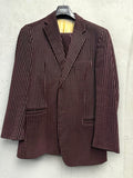 BERLIN VINTAGE CORNER burgundy velvet pinstripe suit. Single-breasted jacket with notched lapel and matching trousers.
