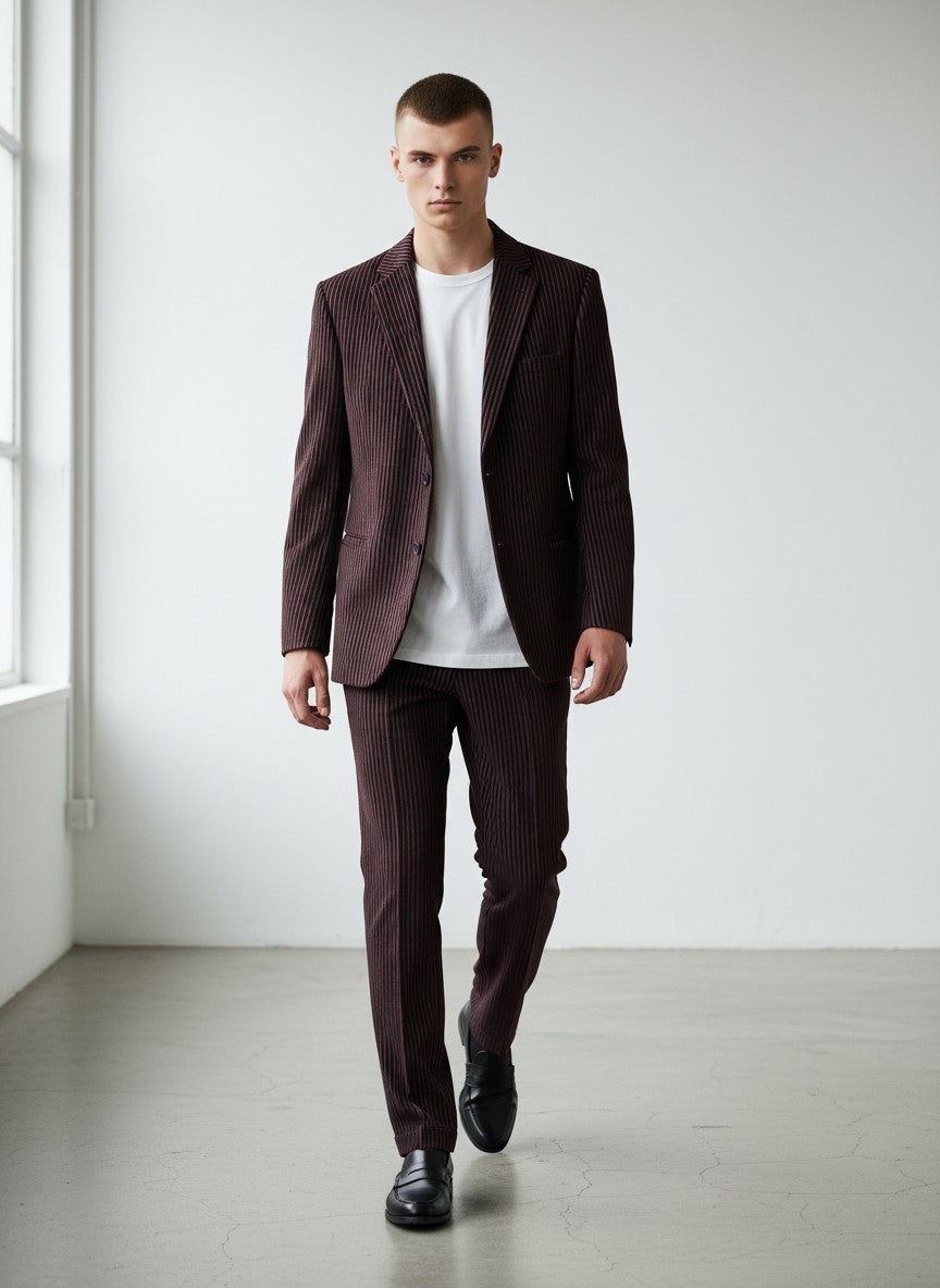 BERLIN VINTAGE CORNER burgundy velvet pinstripe suit. Single-breasted jacket with notched lapel and matching trousers.