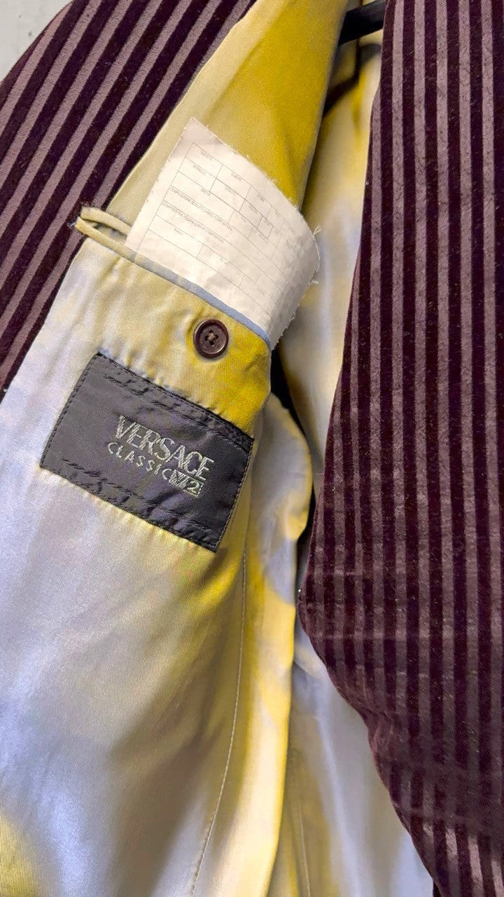 BERLIN VINTAGE CORNER deep burgundy velvet pinstripe suit jacket interior with Versace Classic V2 label.
