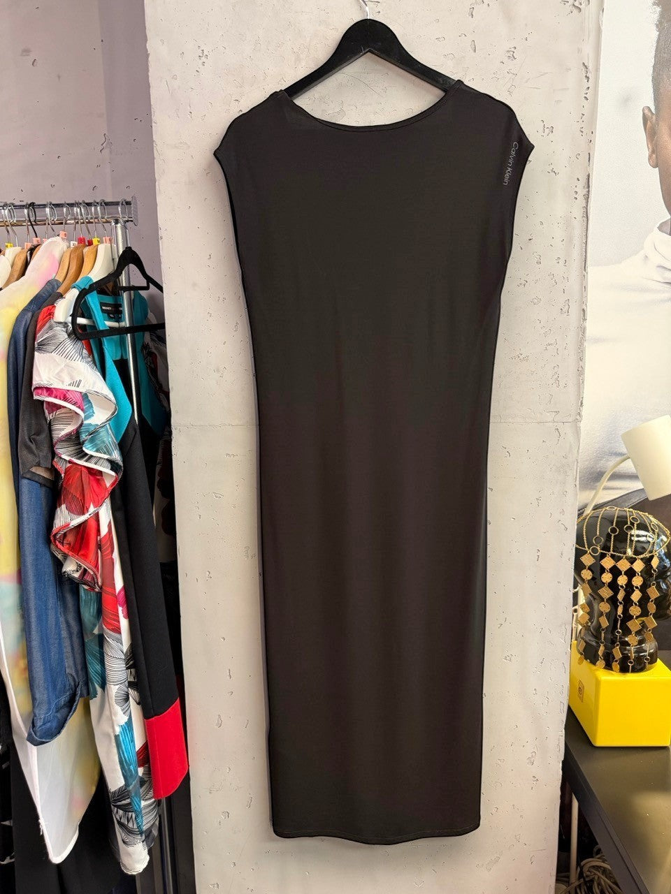 BERLIN VINTAGE CORNER black Calvin Klein sleeveless midi dress with a minimalist silhouette and shoulder branding.