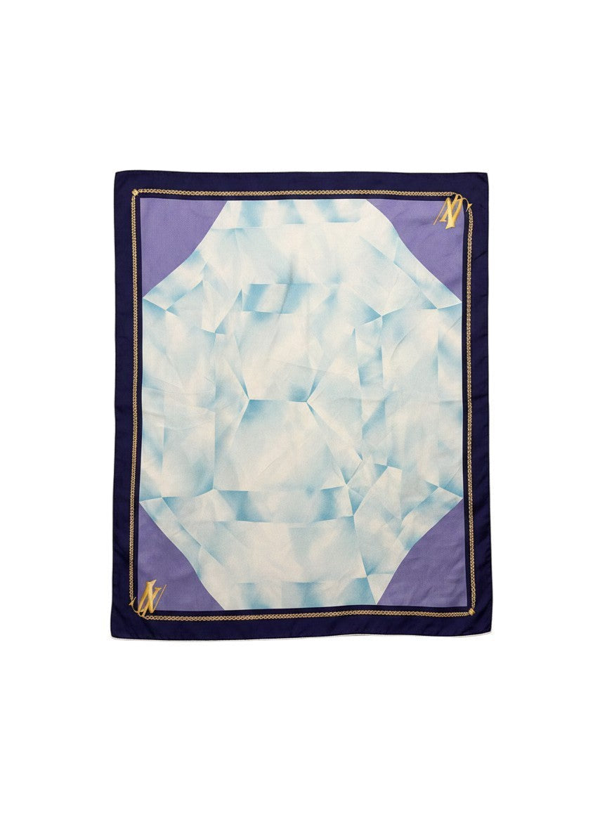 BERLIN VINTAGE CORNER Cartier Paris silk scarf with abstract blue and purple design, gold chain border, and logo.