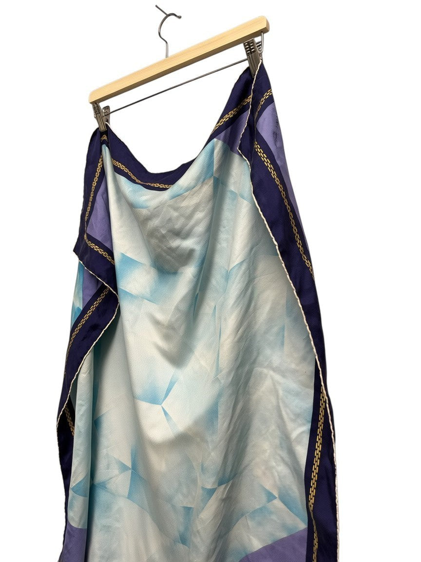 BERLIN VINTAGE CORNER Cartier Paris abstract blue purple silk scarf with gold chain border and logo.
