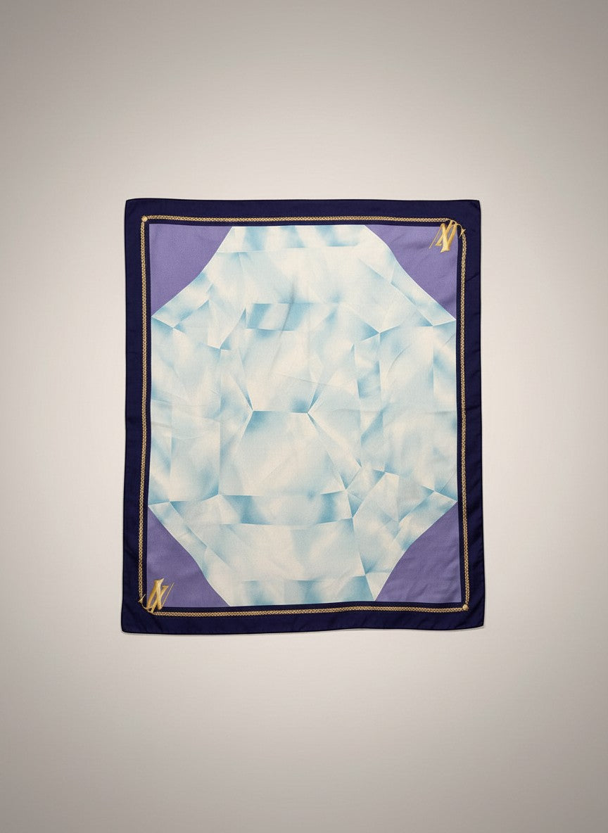 BERLIN VINTAGE CORNER Cartier Paris silk scarf with abstract blue and purple diamond design and gold chain border.