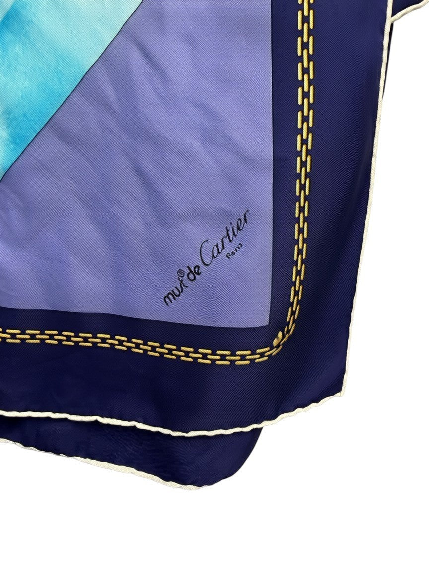 BERLIN VINTAGE CORNER Cartier Paris silk scarf with abstract blue and purple design, gold chain border, and logo.