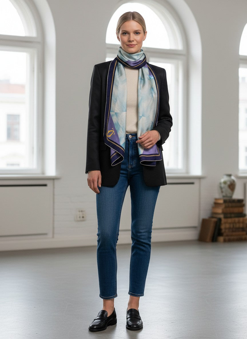 BERLIN VINTAGE CORNER Cartier Paris silk scarf with abstract blue, purple, and gold design. Model wears scarf around neck.