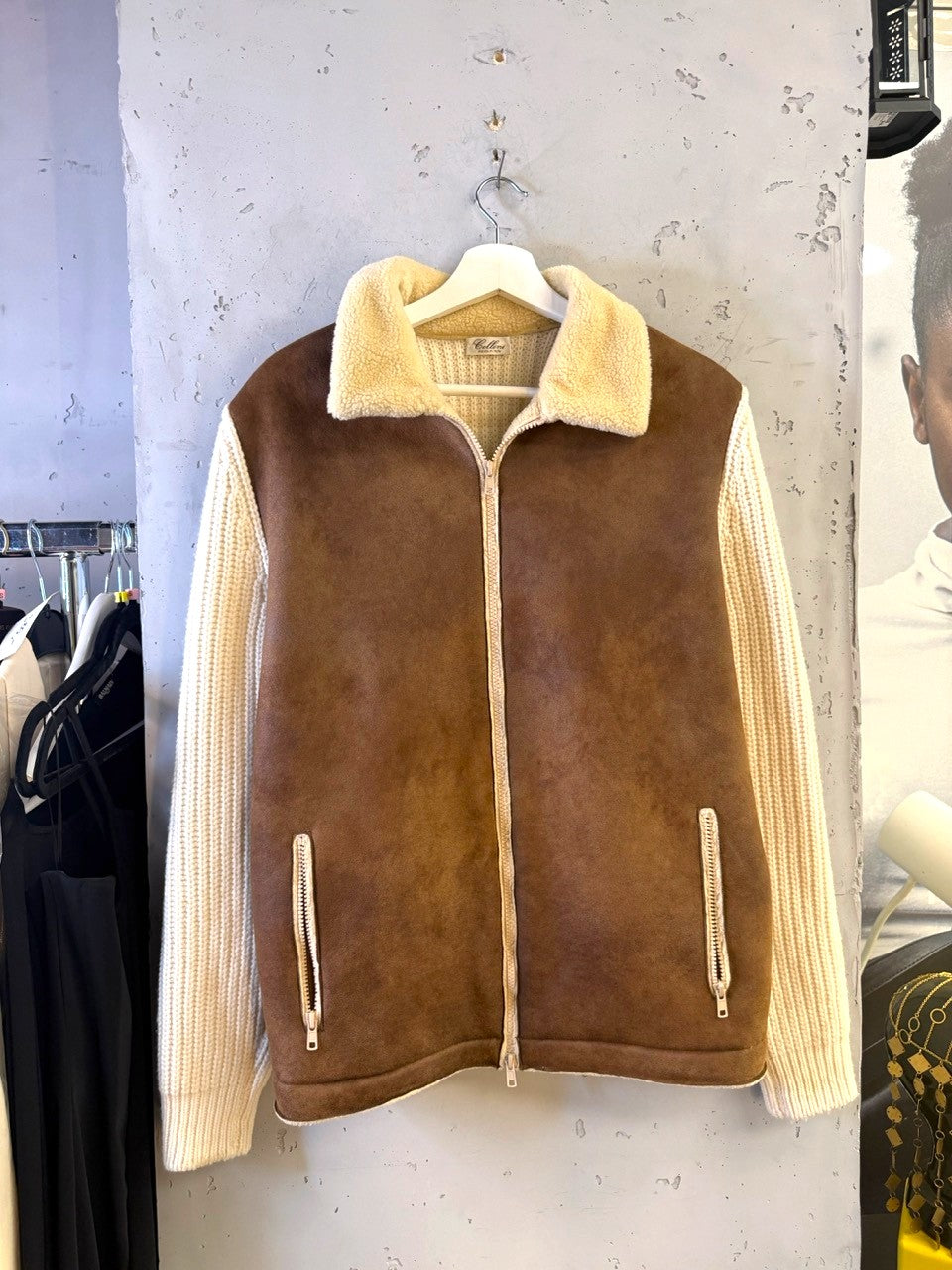 Cellini knit jacket with faux shearling front, front view