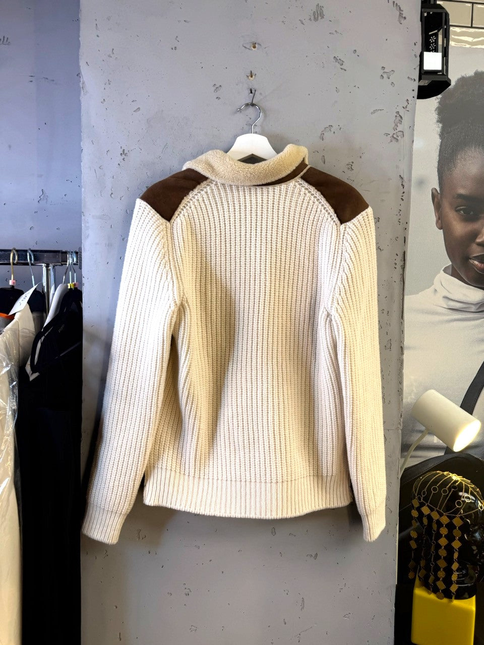 Cellini knit jacket, back view in cream rib knit