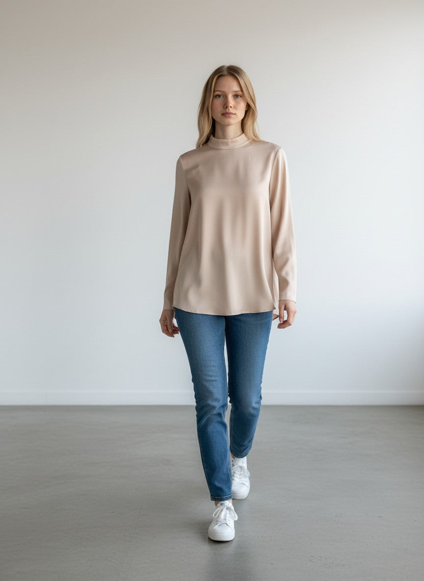 BERLIN VINTAGE CORNER champagne long sleeve mock neck blouse with front zipper and back pleat detail