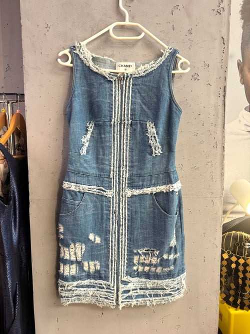 BERLIN VINTAGE CORNER Chanel denim dress on the hanger, full length front zip.