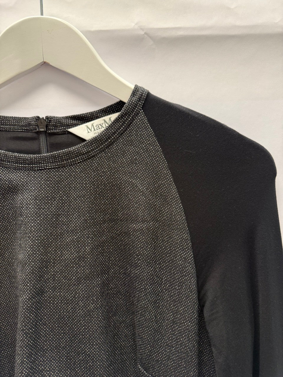 BERLIN VINTAGE CORNER charcoal grey textured knit midi dress with black long sleeves and ruched waist detail.