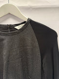 BERLIN VINTAGE CORNER charcoal grey textured knit midi dress with black long sleeves and ruched waist detail.