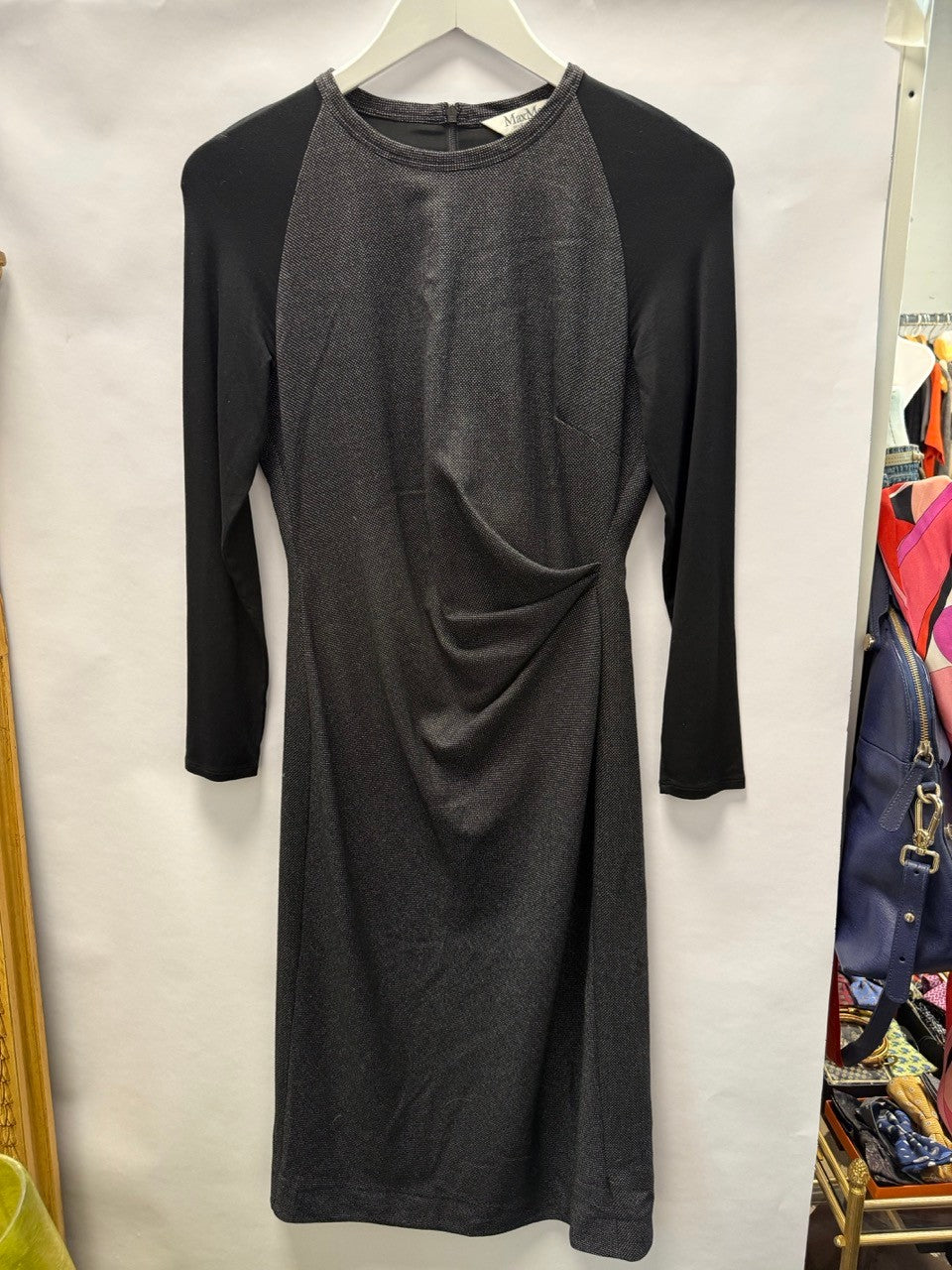 BERLIN VINTAGE CORNER charcoal grey textured knit midi dress with black long sleeves and ruched waist detail.