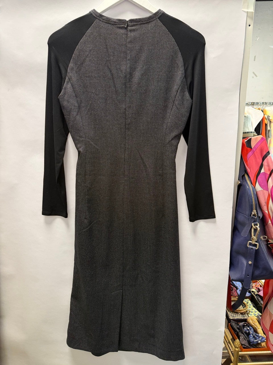 BERLIN VINTAGE CORNER charcoal grey textured knit midi dress with black long sleeves and ruched waist detail.