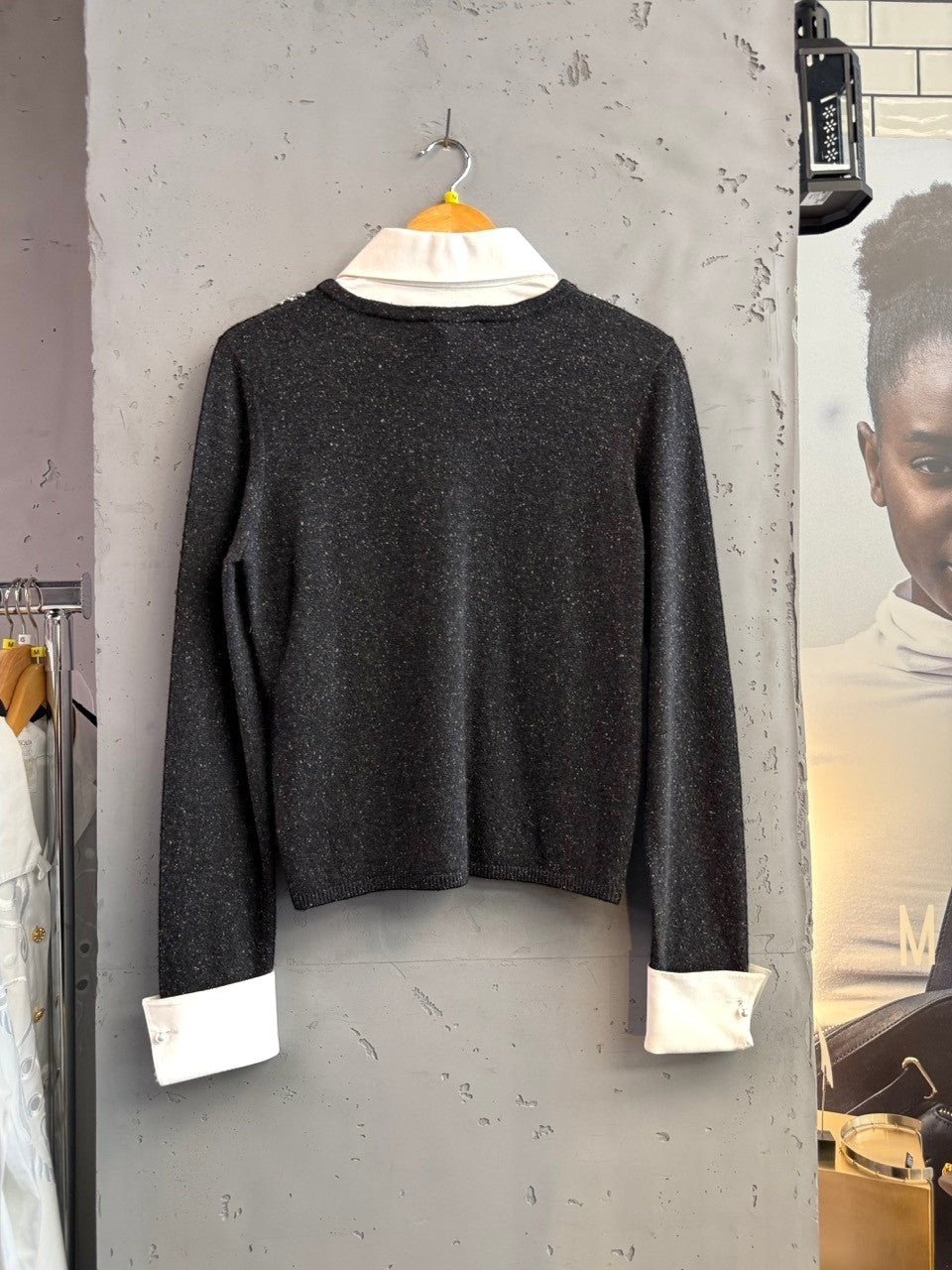 BERLIN VINTAGE CORNER charcoal grey sweater with attached white blouse, pearl buttons, and embellished neckline.
