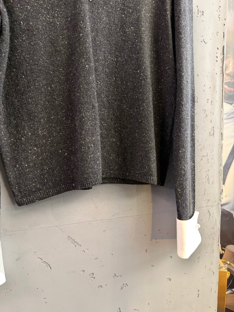 BERLIN VINTAGE CORNER charcoal grey knit sweater with attached white collared blouse, pearl buttons, and embellished neckline.