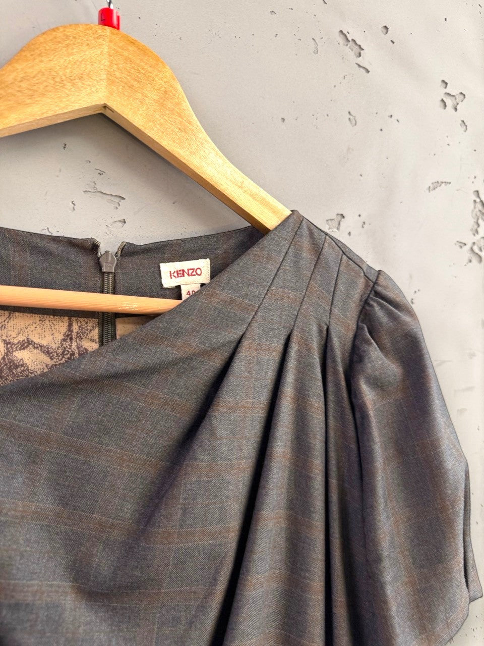 BERLIN VINTAGE CORNER charcoal grey pinstripe wrap front midi dress with puffed sleeves and draped bodice.