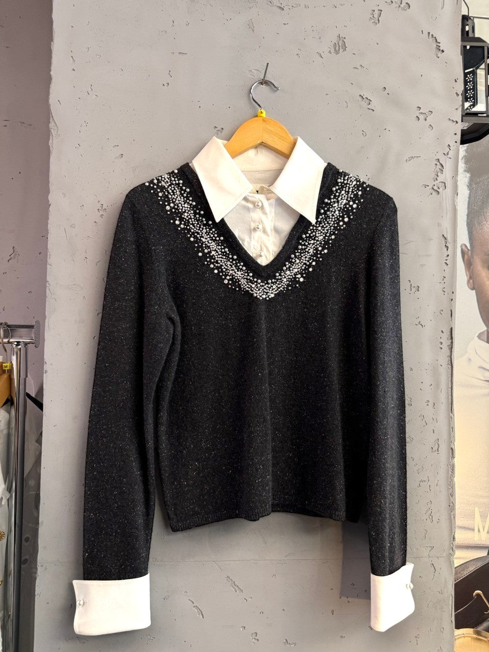 BERLIN VINTAGE CORNER charcoal grey V-neck sweater with attached white collared blouse, pearl & bead embellishments.