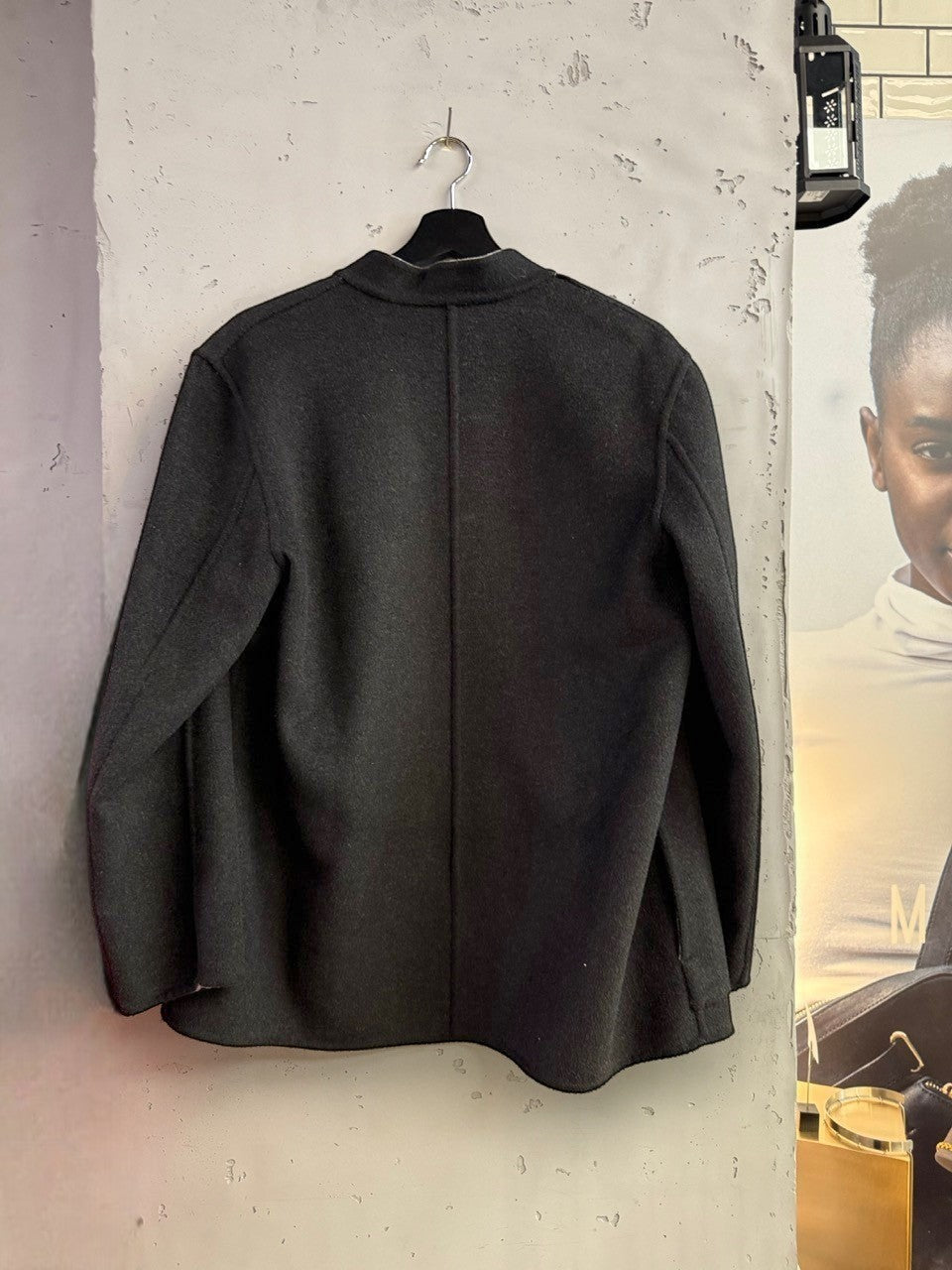 BERLIN VINTAGE CORNER charcoal grey wool blend jacket with band collar and light grey trim. Two front pockets.